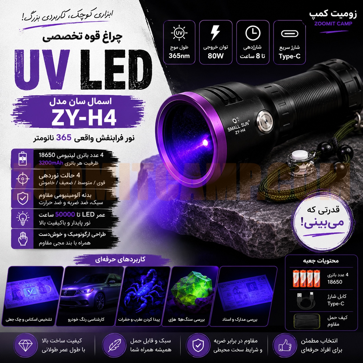چراغ قوه اسمال سان یووی LED مدل ZY-H4 12 چراغ قوه اسمال سان یووی LED مدل ZY-H4
