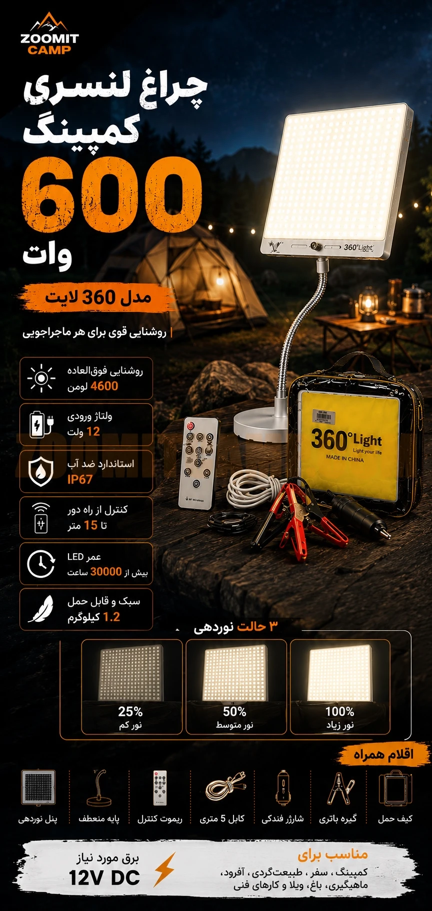 چراغ لنسری کمپینگ 600 وات مدل 360 لایت 19 چراغ لنسری کمپینگ 600 وات مدل 360 لایت