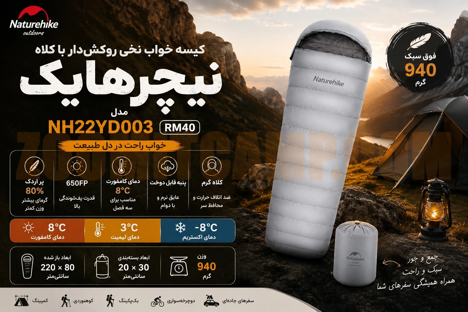 کیسه خواب نخی روکش دار پر اردک نیچرهایک مدل NH22YD003